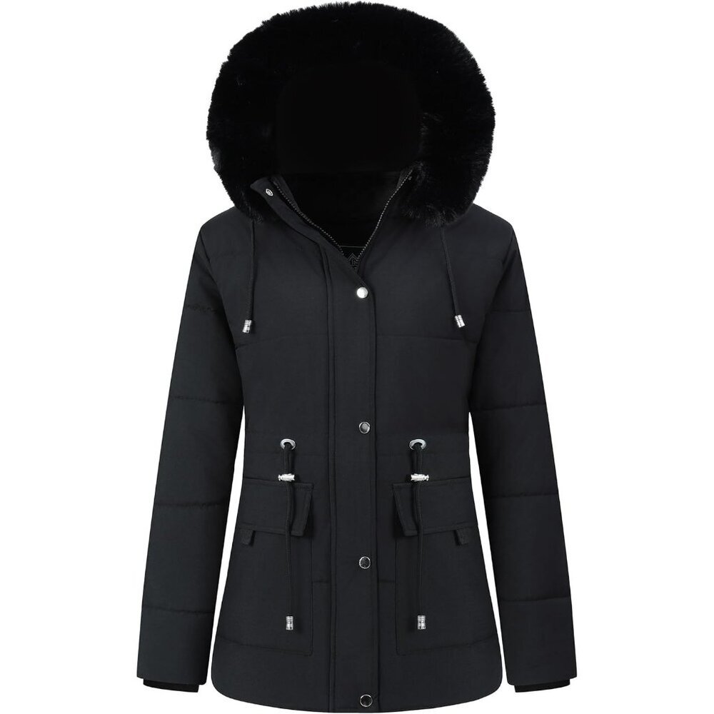Women's Black Detachable Hood Puffer Jacket Coat Fleece Lined Faux Fur